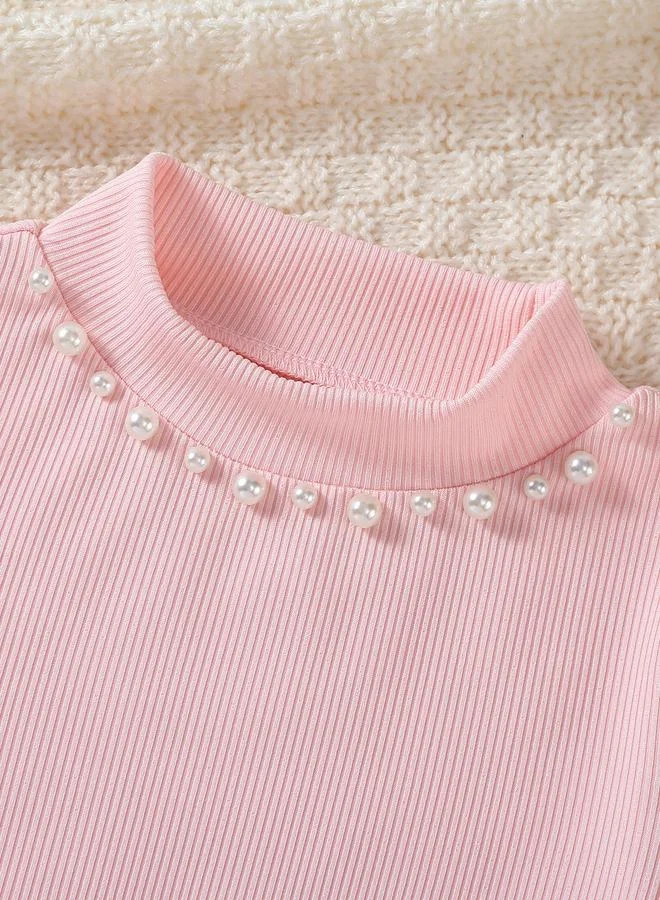 Take Two Girls Mock Neck Faux Pearl Embellished Rib Top